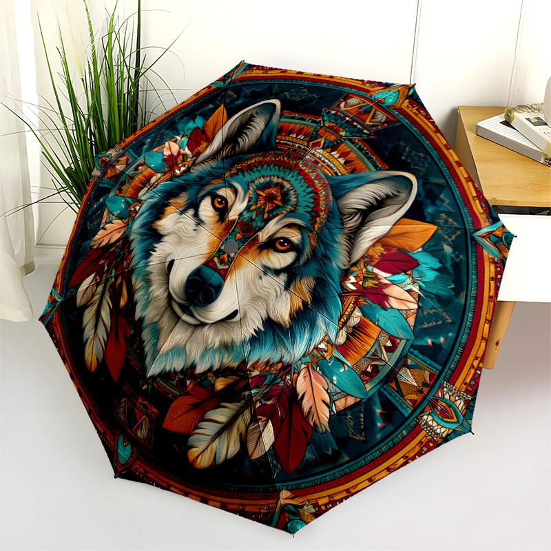 Indian - Style Wolf Pattern, Automatic Folding Umbrella, Portable and Foldable Design, 8 Ribs, a Christmas or Birthday Gift.