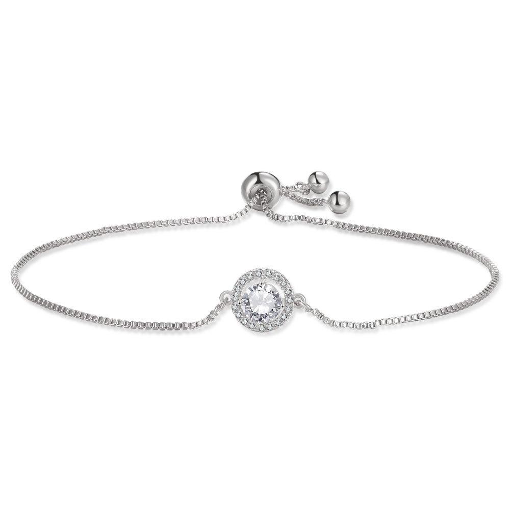Yupsk Classic Simple Round Cubic Zirconia Charm Adjustable Bracelet Shiny Crystal Engagement Wedding Jewelry