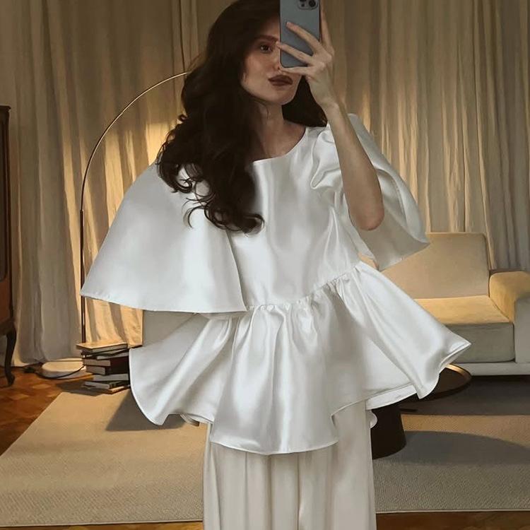 women's round neck puff flutter short sleeve peplum hem satin loose fit blouse top shirt
