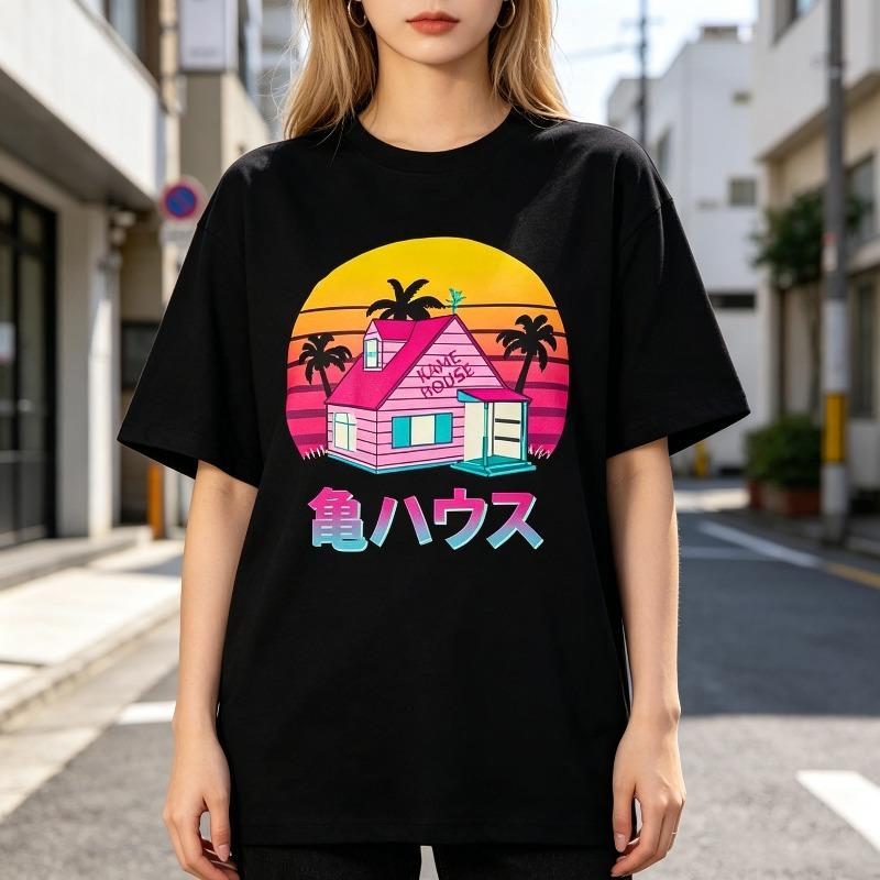 Kame House Anime Graphic Tshirt Retro Sunset Island Print Unisex Short Sleeve Casual Tee Top t shirt