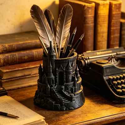 Portaplumas Castillo Oscuro Almacenamiento de Gran Diámetro Organizador de Escritorio con Diseño de Micro-Paisaje 3D Textura Negra Gris Envejecida Duradero Decoración Fantasía
