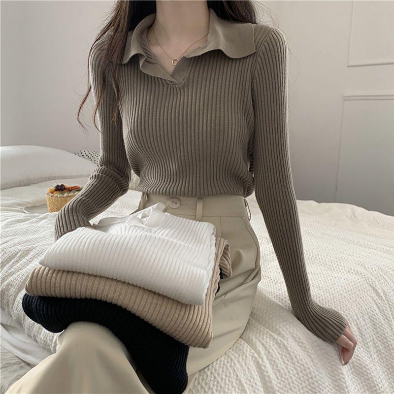 Women's Polo Collar Long Sleeve Knitwear, Korean Slim Fit Ribbed Top for Spring/Summer 2025