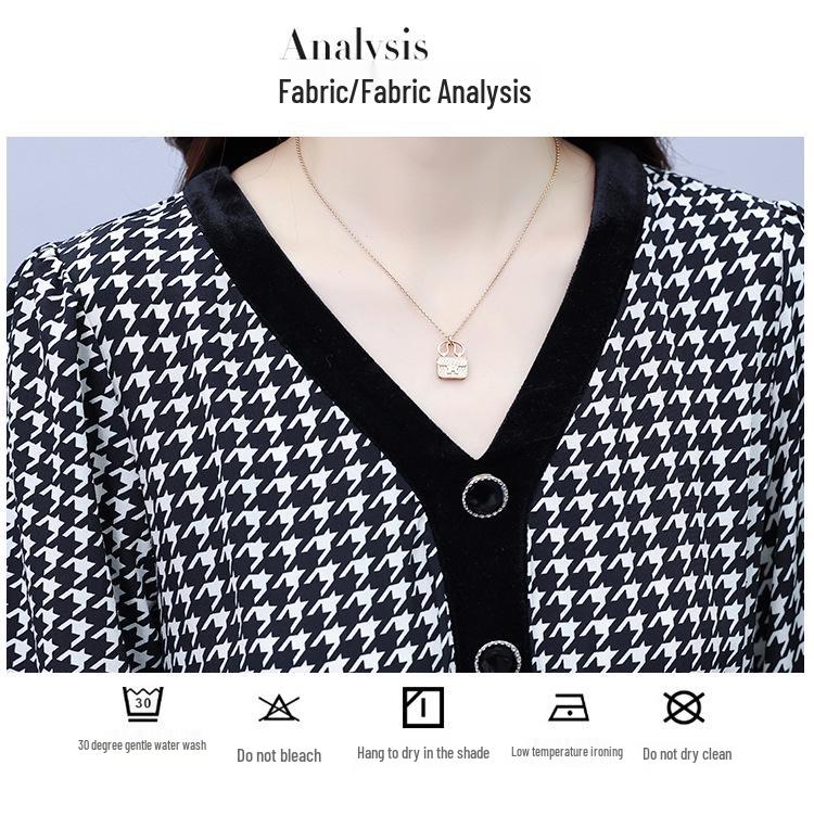 Women's Houndstooth Velvet Patchwork High Waist Midi Dress