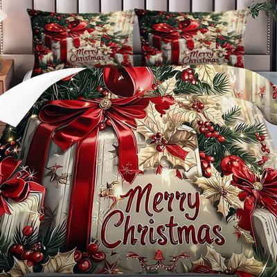 Weihnachts Bettwäsche Set Rote Schleife Blumen Gedruckt Gemütlicher Bettbezug King Queen Twin Einzelgröße Neujahr Weihnachtsgeschenk Schlafzimmerdeko