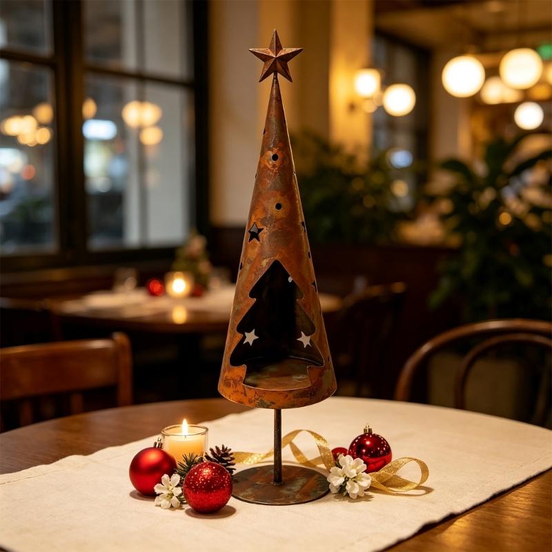 Rust Design Iron Candle Display in a Christmas Tree Shape with Star Detail and Aged Finish for Holiday Dinners and Living Room