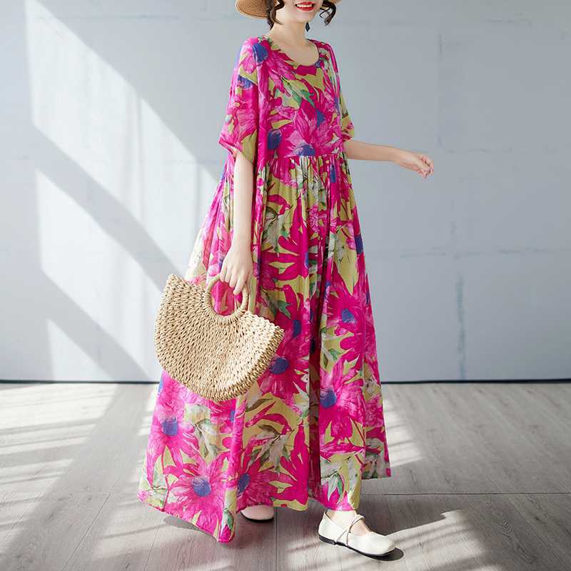Einfacher und modischer langer Rock Sommer Kurzärmel Rundhals bedrucktes Kleid