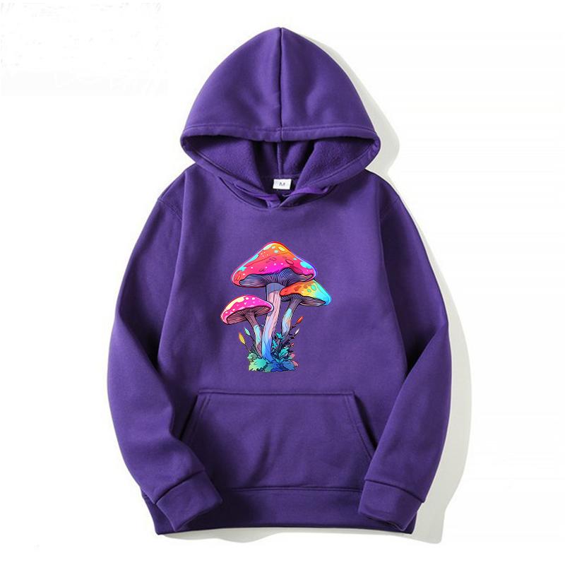 Women's Spring and Autumn Colorful Mushroom Print Hooded Sweatshirt Casual Long-sleeved Pullover