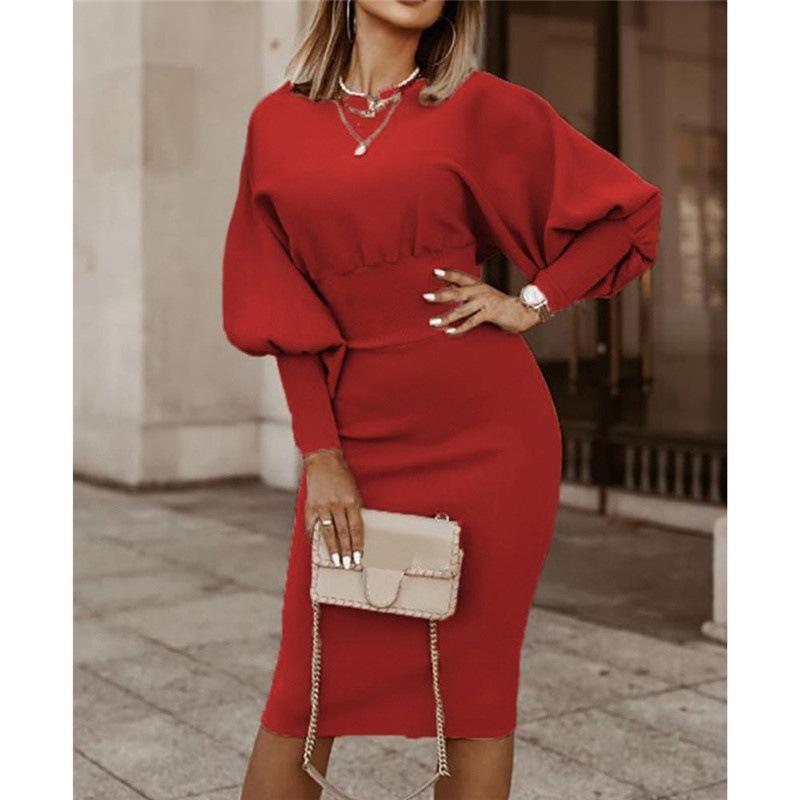 

Осеннее платье QICED, повседневное однотонное платье с поясной сумкой и круглым вырезом, хип-платье M