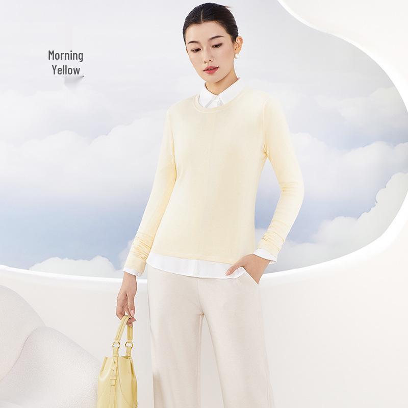 Tencel Wool Collar Base Shirt: Silk-Like, Light, Warm, Round Neck, Knitted Long Sleeve Top for Autumn/Winter Women.
