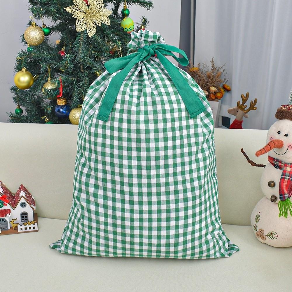 Plaid Pattern Christmas Santa Sack Drawstring Closure Reusable Drawstring Christmas Sack Wide Opening Christmas Present Bag