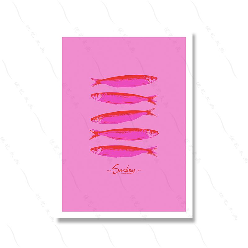 Retro Pink Colour Poster Pasta Wall Art Pictures Pasta Humour Hot Pink Fish Sardines Print Kitchen Trendy Dining Room Decor