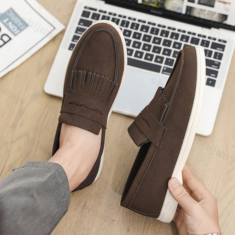 Fashion Men Flat Loafers 2025 Frosted Suede Flat Tassel Comfortable Non Slip Fashion Loafers Lightweight Trendy Outdoor Casual Shoes