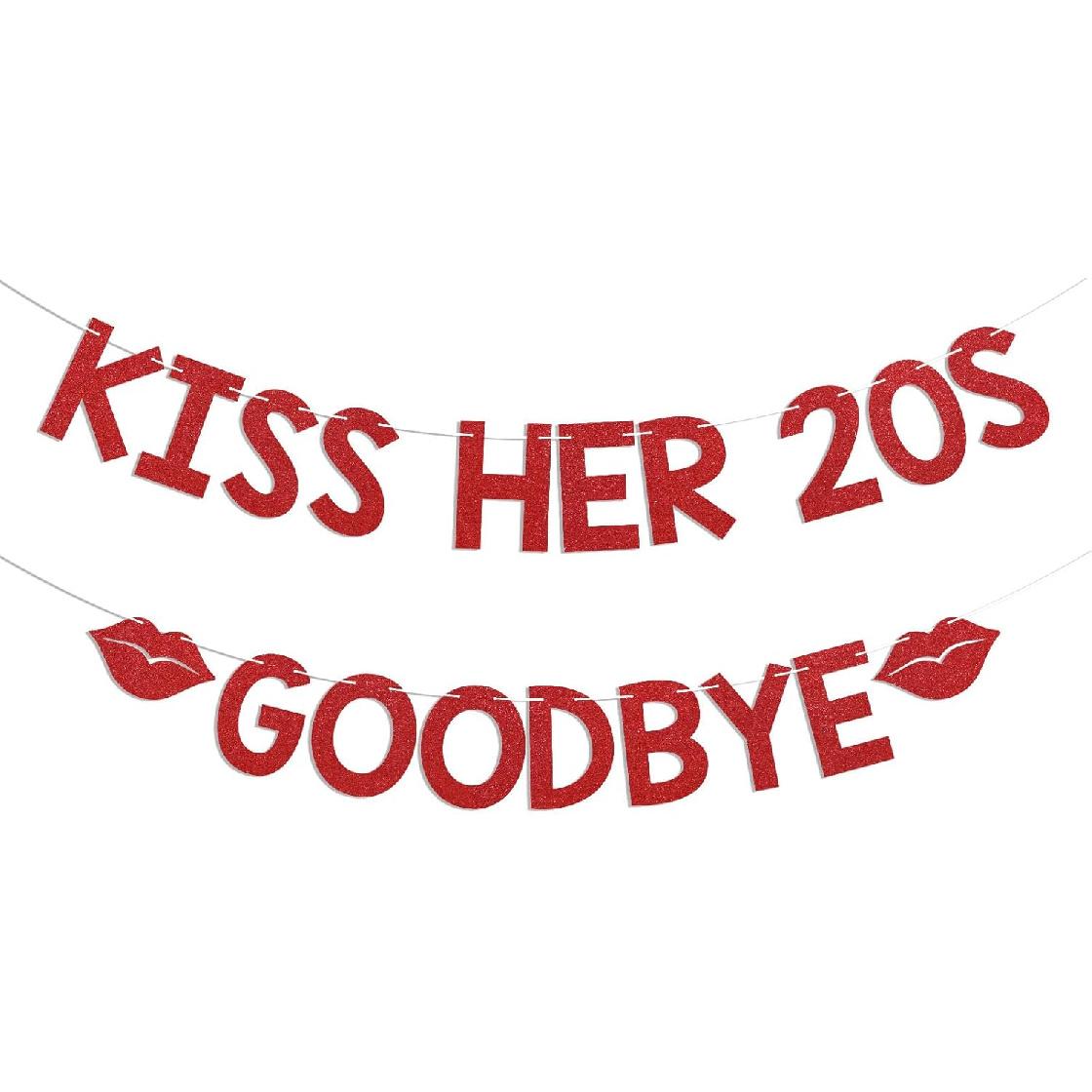 Kiss Her 20s Goodbye Banner - Talk Thirty to Me, Girl s 30th Bday Decor, Cheers to 30 Years, Funny 30th Birthday Party Decorations Red Glitter