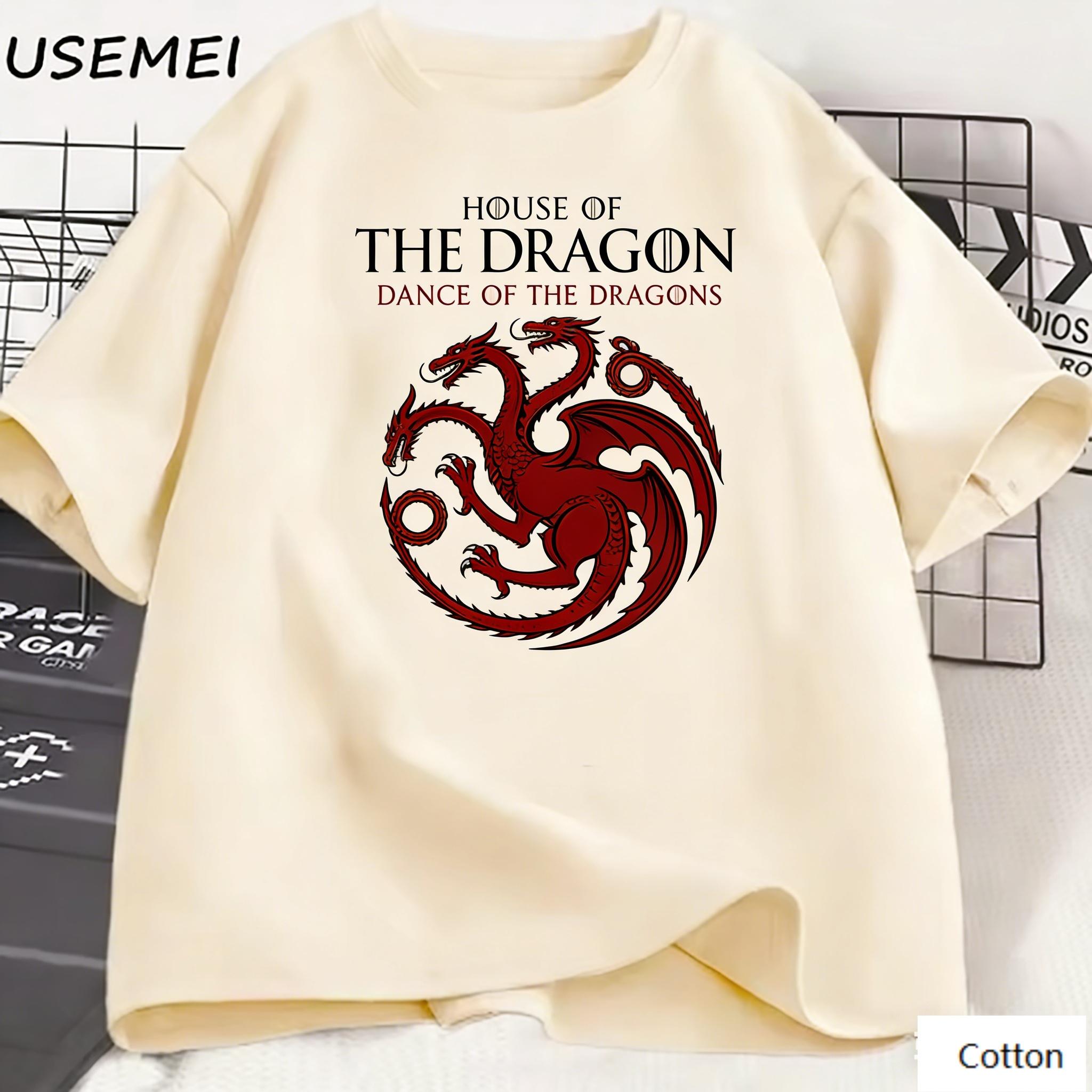 

Oversized Beige Cotton TShirt with Bold House Targaryen ThreeHeaded Dragon and Sword Graphic Unisex Streetwear Tee 4XL