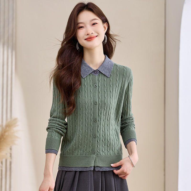 POLO Neck Women's Sweater Cardigan Autumn and Winter Fried Dough Twists Loose Knit Coat Lapel Top