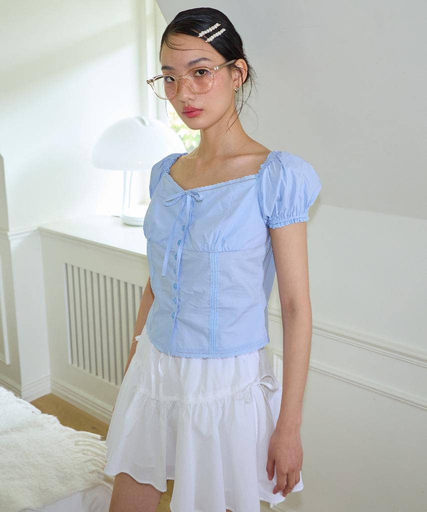 SALON DE YOHN Ribbon Cotton Blouse_ Blue