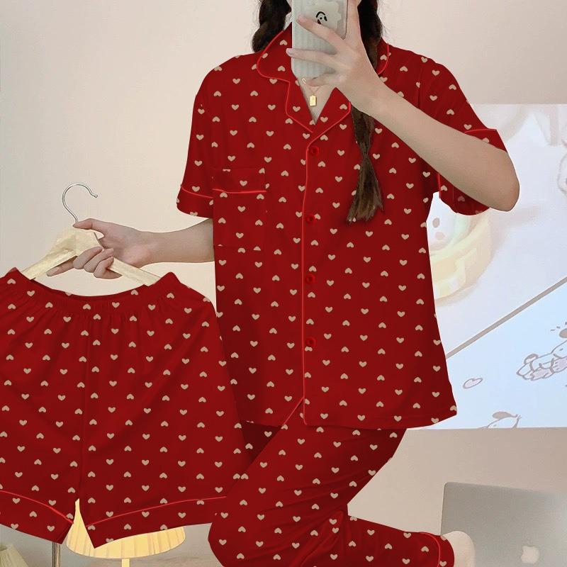 Big Red Love Light Luxury Pajamas Women's Spring and Summer Short-sleeved Trousers Festive Wedding Loungewear Imitation Cotton Three-piece Set