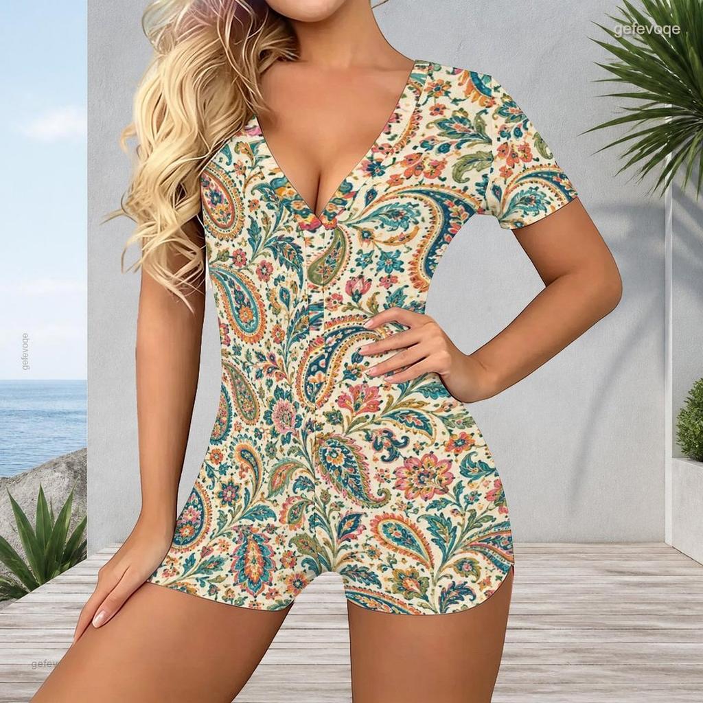 Women Plus Size Paisley Floral Printed V Neck Short Sleeve Button Front Fitted Short Romper