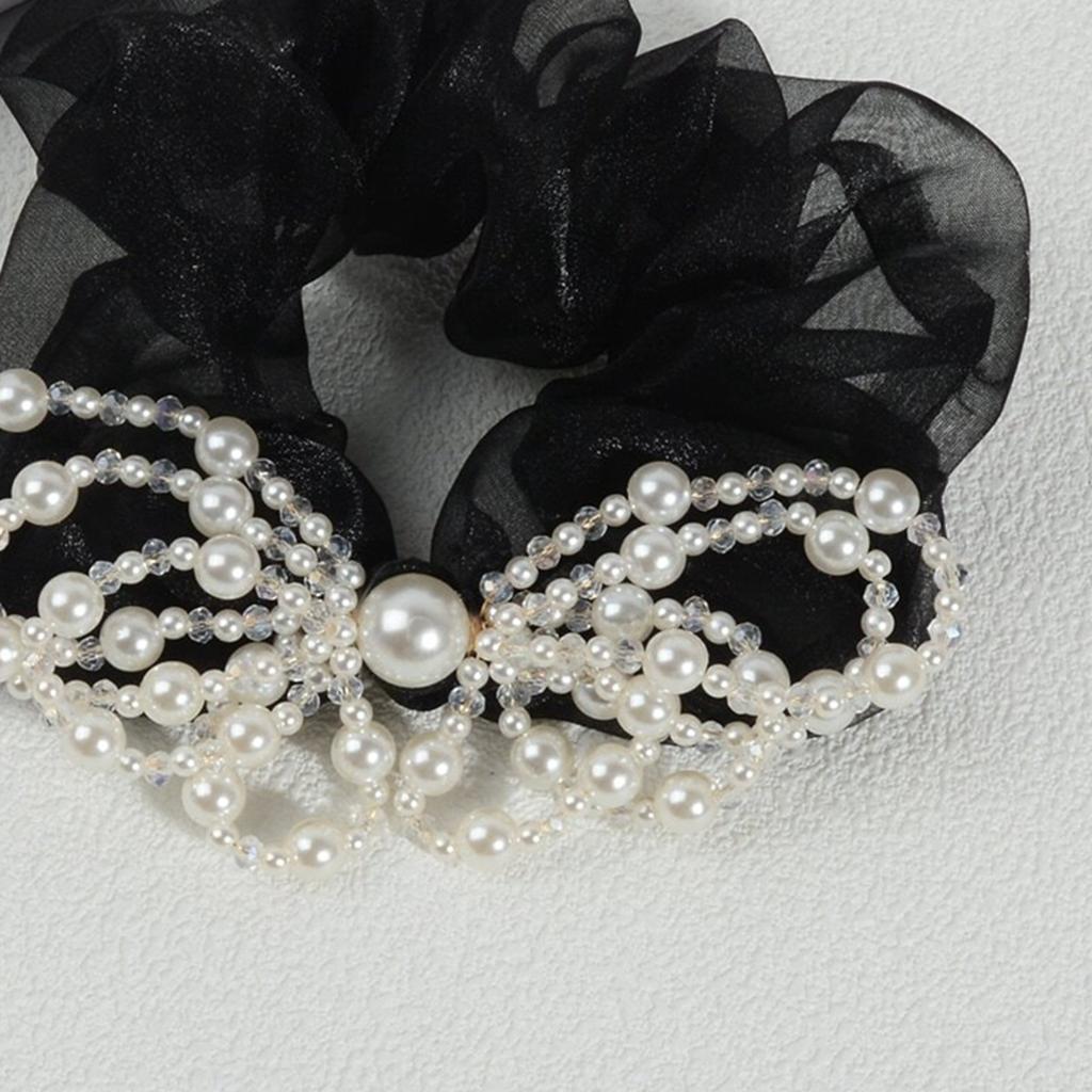 Sweet and Elegant French-Style Faux Pearl Bow Oversized Scrunchie Mesh Black Hair Tie for Girls and Women Hair Accessories