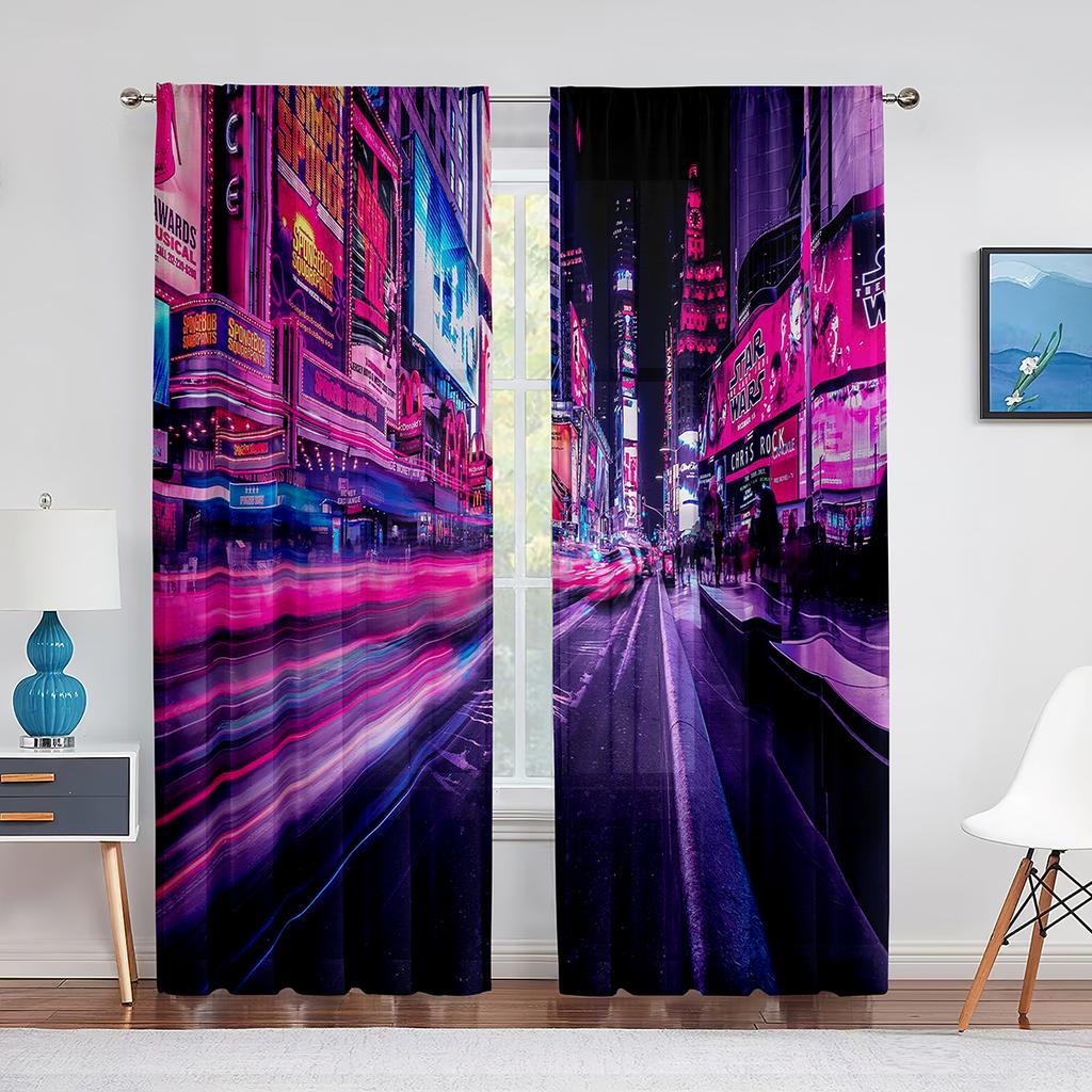Punk Night City Landscape Purple Neon 2panels Curtain for Living Room Bedroom Drape Kitchen Window Curtains Home Essentials