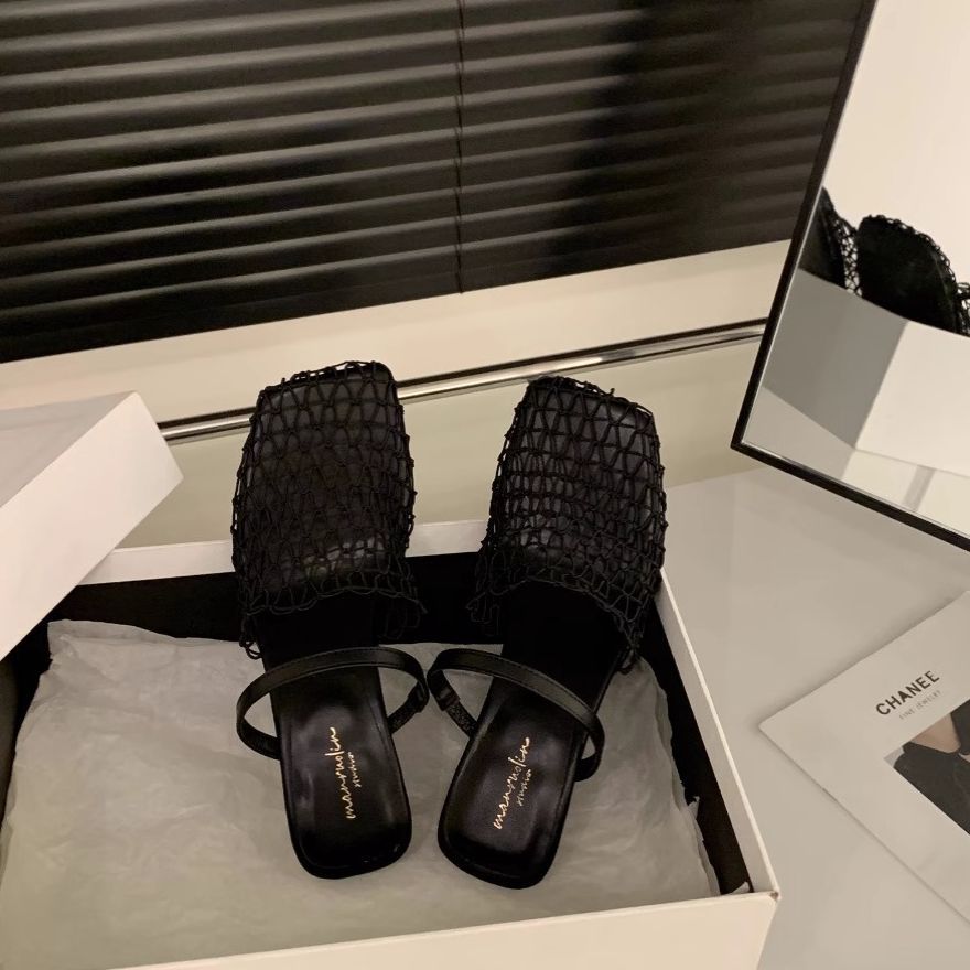 2025 summer French woven mesh hollow bag head half slippers women's shoes wear wedge heels high heels Roman sandals