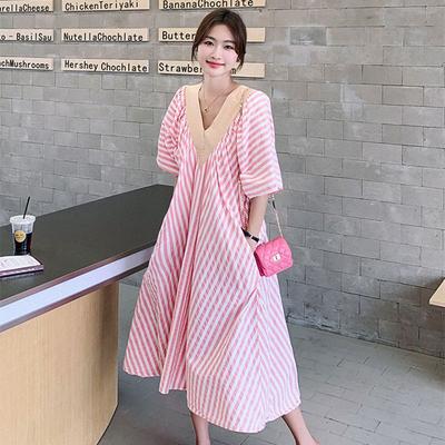 Summer V-Neck Pink Striped Dress Loose Tummy-Hiding Slimming Mid-Length Knee-Length Skirt