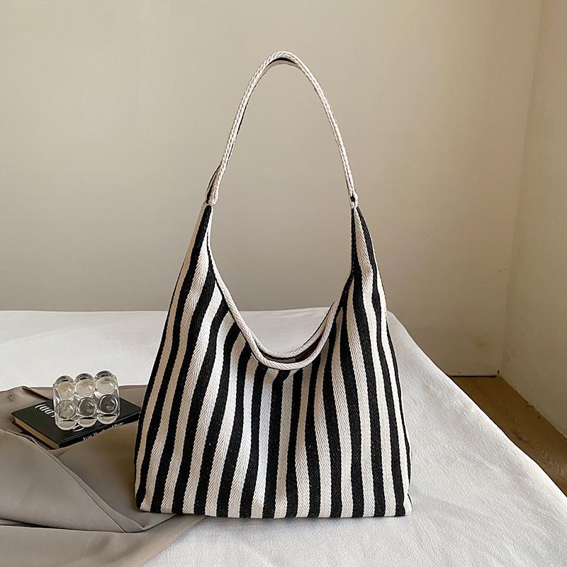 

Trendy Black And Red Vertical Striped Tote Bag Fashionable Soft Canvas Shoulder Bag