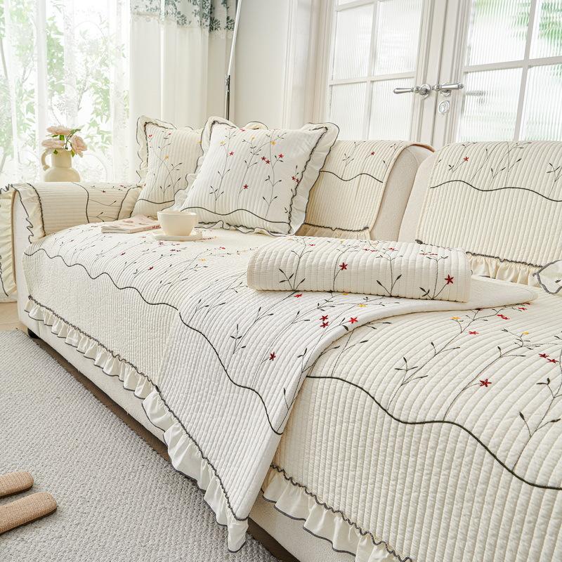 All Cotton Sofa Cover Seasonal Universal Fabric Anti Slip Pastoral Style Ruffle Edge Sofa Cushion New Sofa Cover Cloth