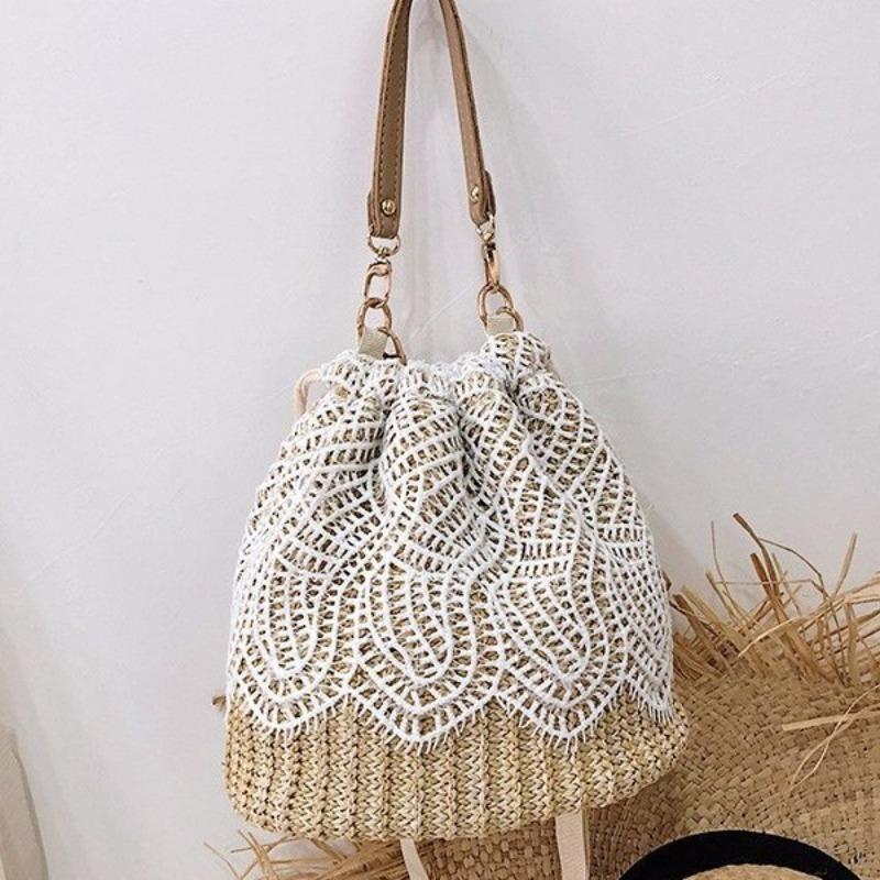 Small Fresh Forest Straw Bag Women's Lace Bucket Bag Fairy Travel Beach Crossbody Bag