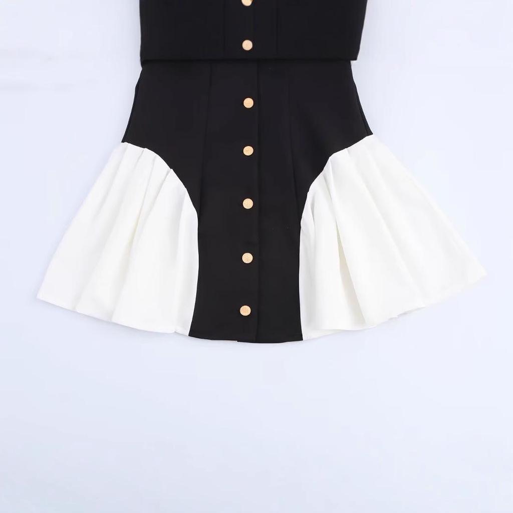 2025 Spring Women's European & American Color Block Ruffle Hem Long Sleeve Dress