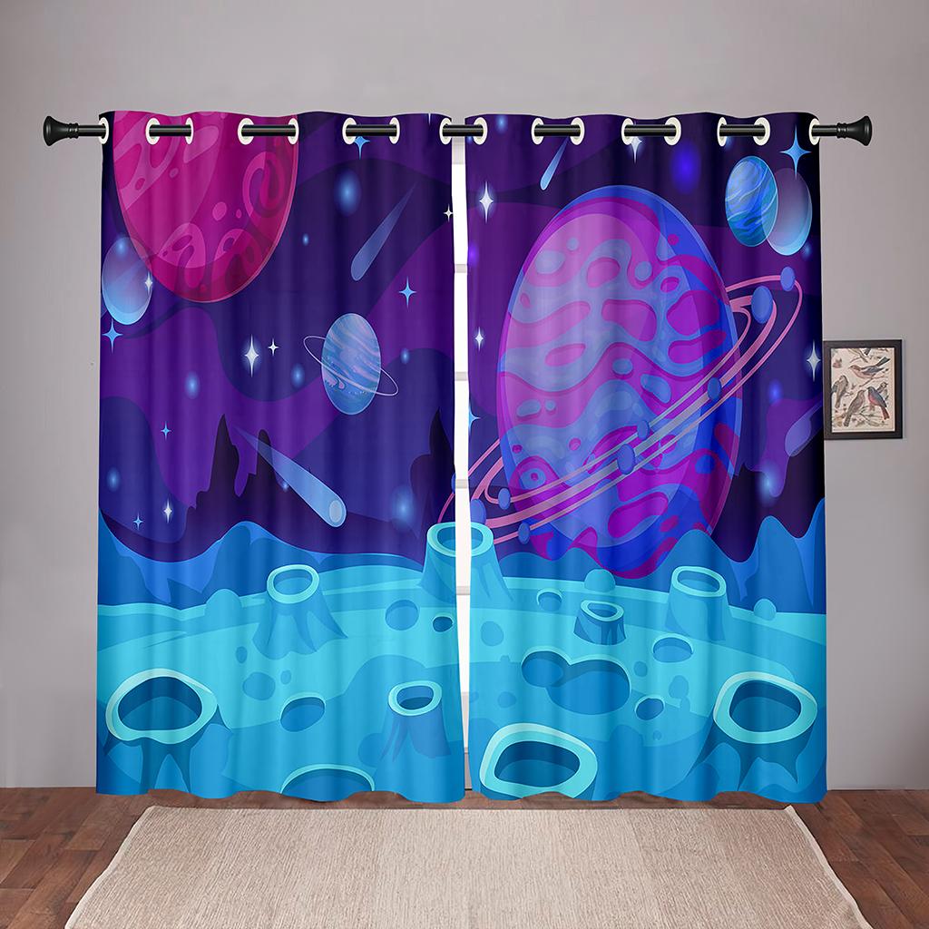 Thick 90% Shading 2PiecesCartoon Space Planet Universe Blackout Window Curtain For Bedroom Living Room Bathroom Kicthen DoorHall