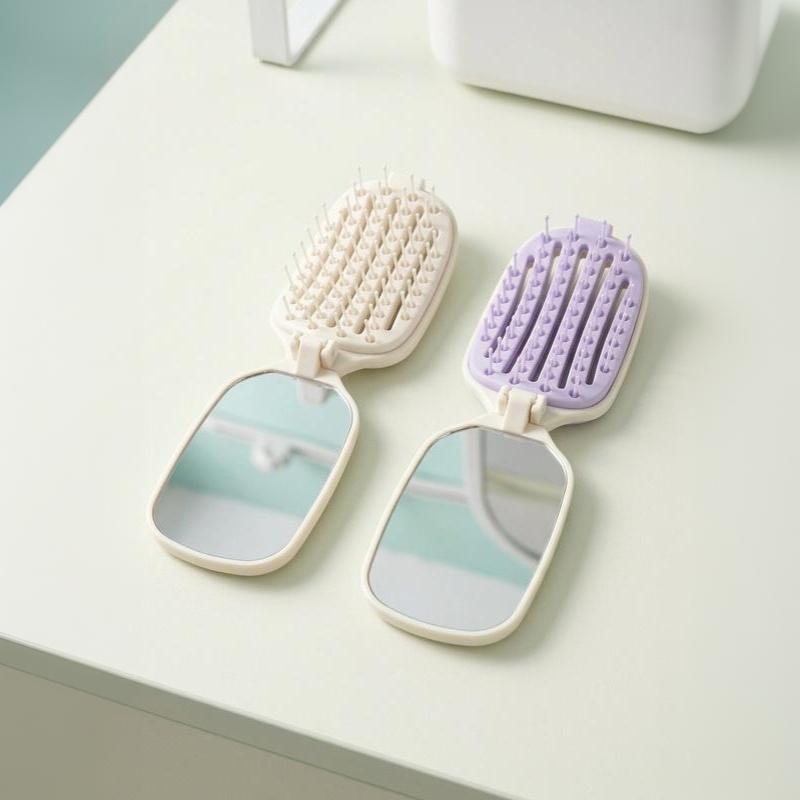 2 In 1 Travel Folding Hair Comb With Built-In Makeup Mirror One Key Hair Remover Air Cushion Detangling Scalp Massage Hairbrush