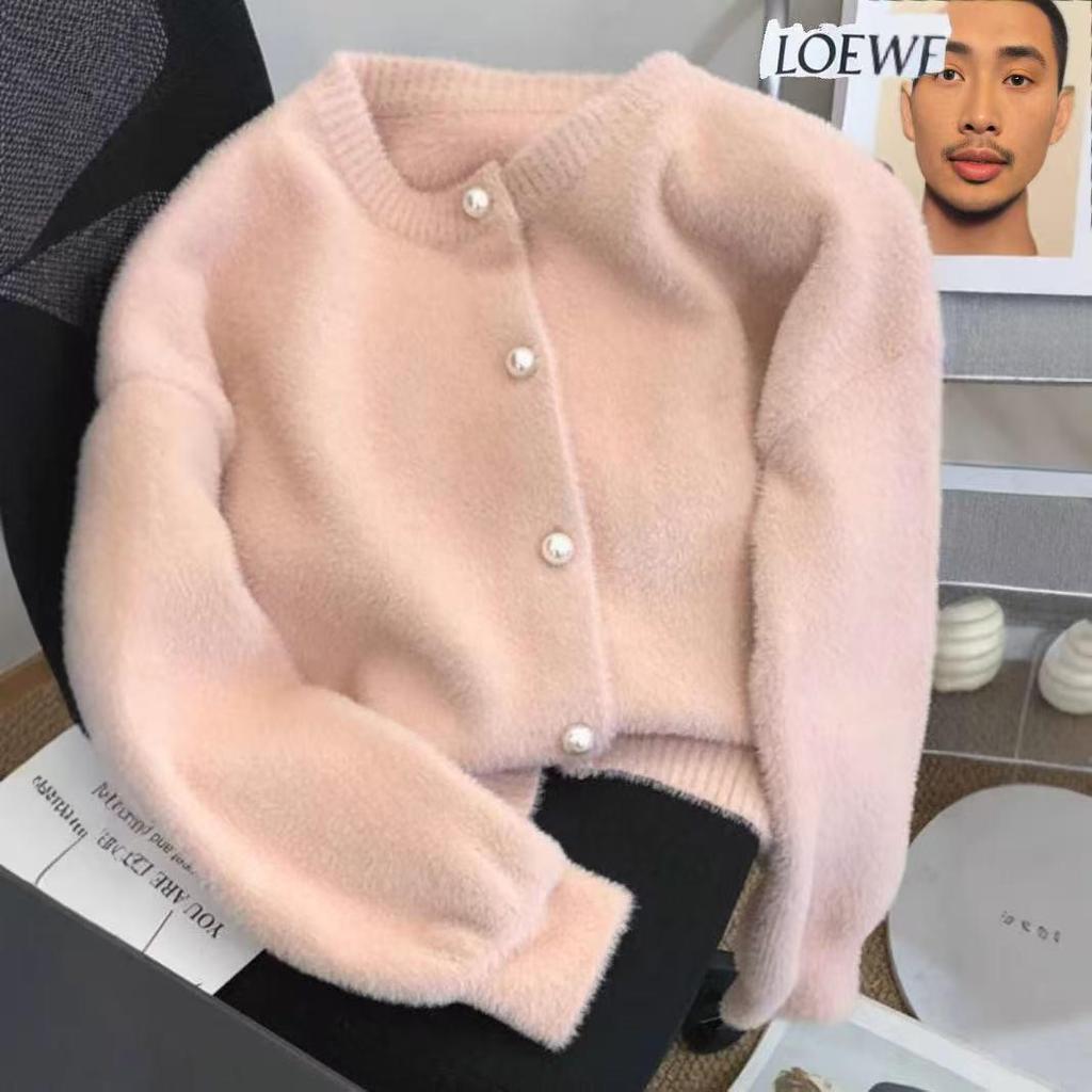 Women's Short Milk White Faux Mink Cardigan Coat - Autumn/Winter 2025 Loose Style Knitted Sweater.