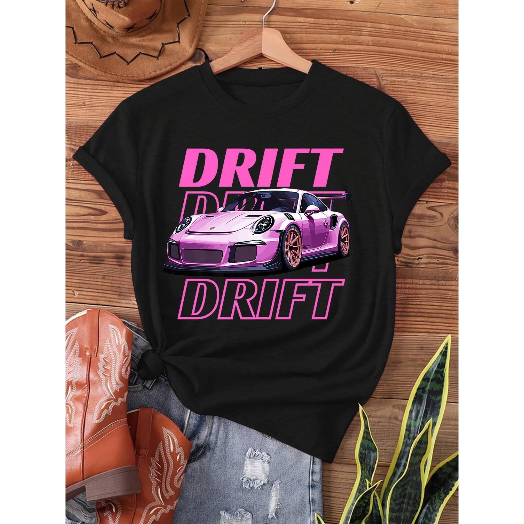 

Car Street Drift Print T-shirt, Short Sleeve Crew Neck Casual Top for Summer & Spring XXL чорний