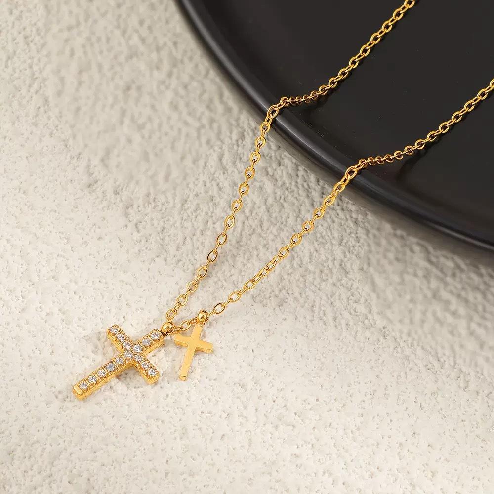 Women Double Cross Pendant Necklace Niche Light Luxury Design Fashion Jewelry 1pc