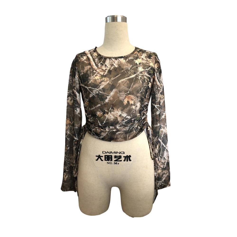 Frühlings Damen Mesh Baumzweig Print Seitlicher Kordelzug Slim Kurzarm T-Shirt