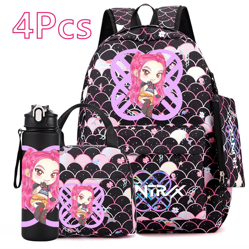 4Pcs/set Anime Cute K-POP Printed Backpack Large Capacity Bookbag HandBag Case Bag with 750ml Water Bottler Boy Girl SchoolBag Waterproof Mochila