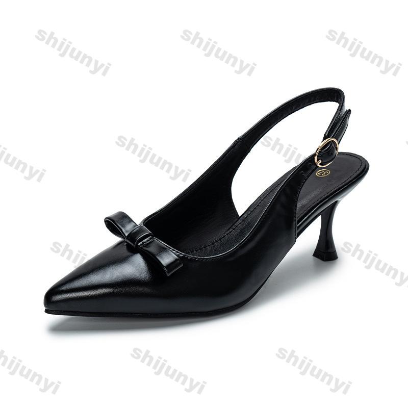 Fashion Black Slingbacks High-heeled Sandals Women 2025 Summer New Sexy Mid Heeled Bow High Heels Women Pointed Thin Heel Toe Sandals