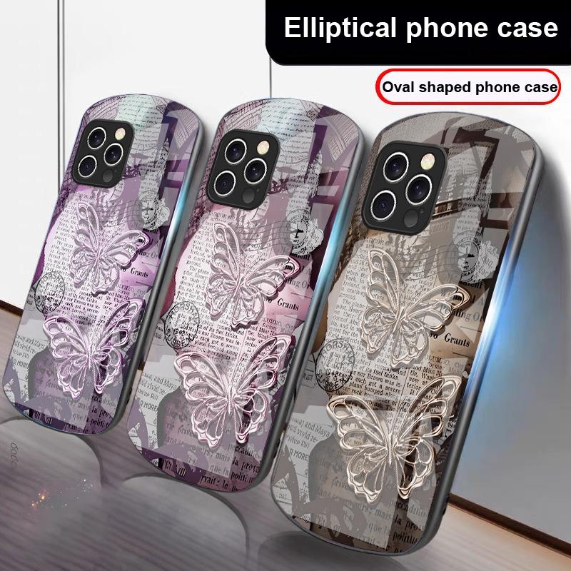 Vintage Butterfly For IPhone 16 Pro Max 15 Pro 14 13 12 Mini 11 XS Max XR 7 8 Plu SE 2022 Elliptical Glass Phone Case