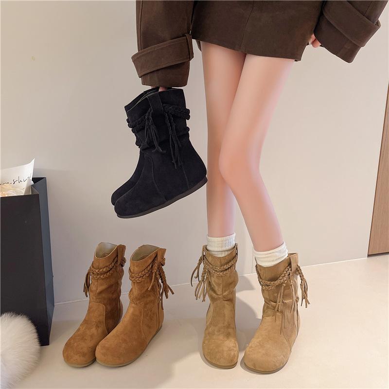 2025 thick-soled inner heightening boots retro style knight boots matte fringed hemp rope medium tube fashion boots stacking boots