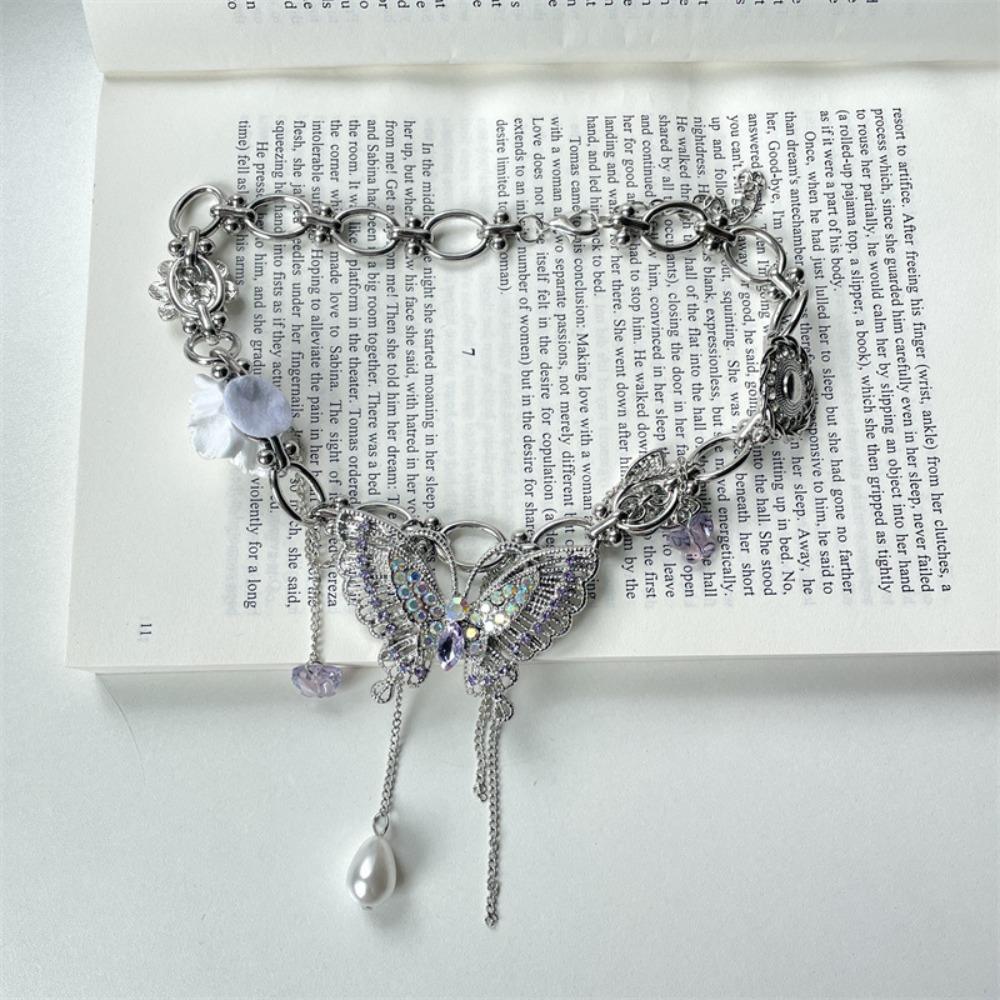Rhinestone Butterfly Flower Necklace Tassel Women's Choker Fashion Vintage Metal Necklace  Gifts