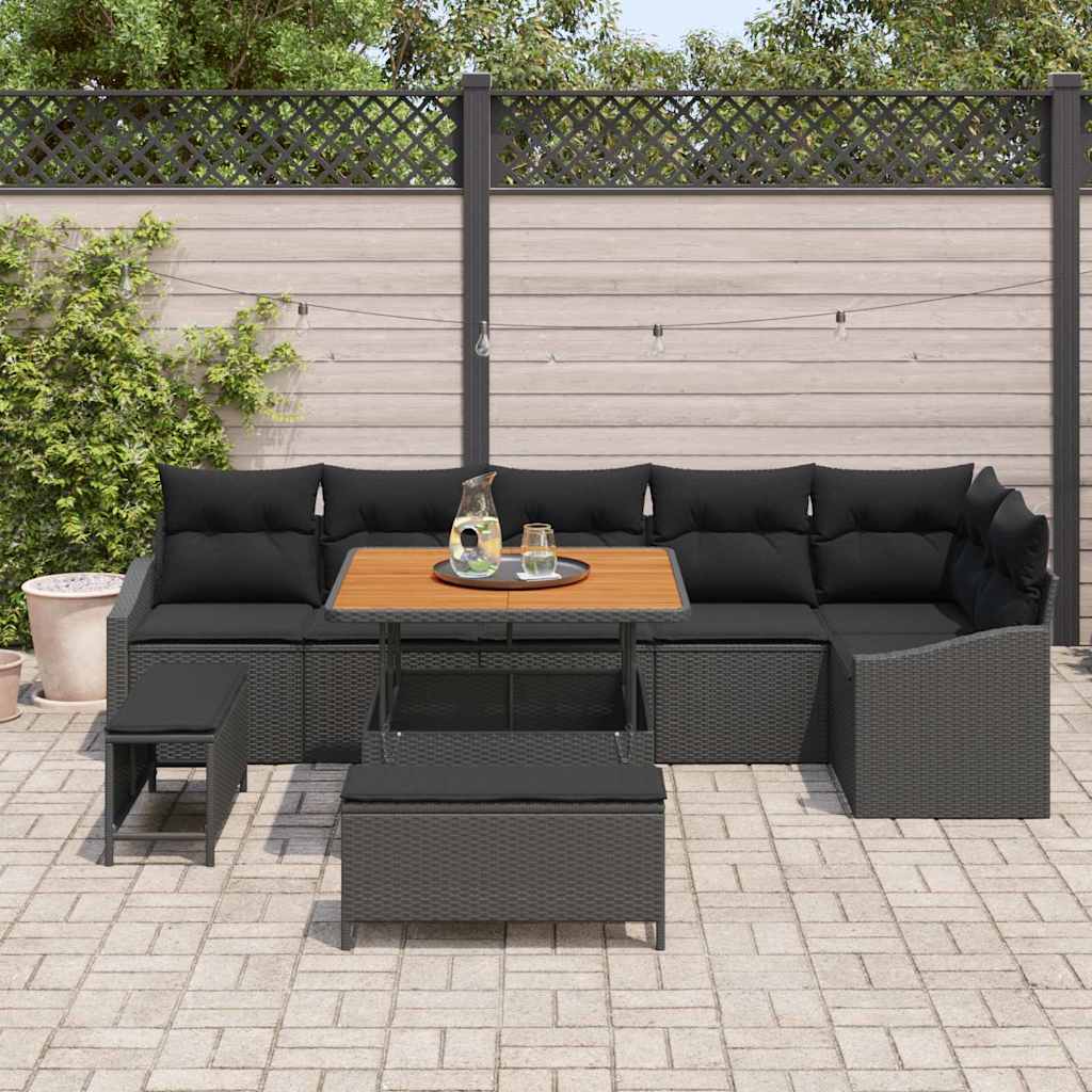 Garden Sofa Set with Cushions 9 pcs Black Poly Rattan