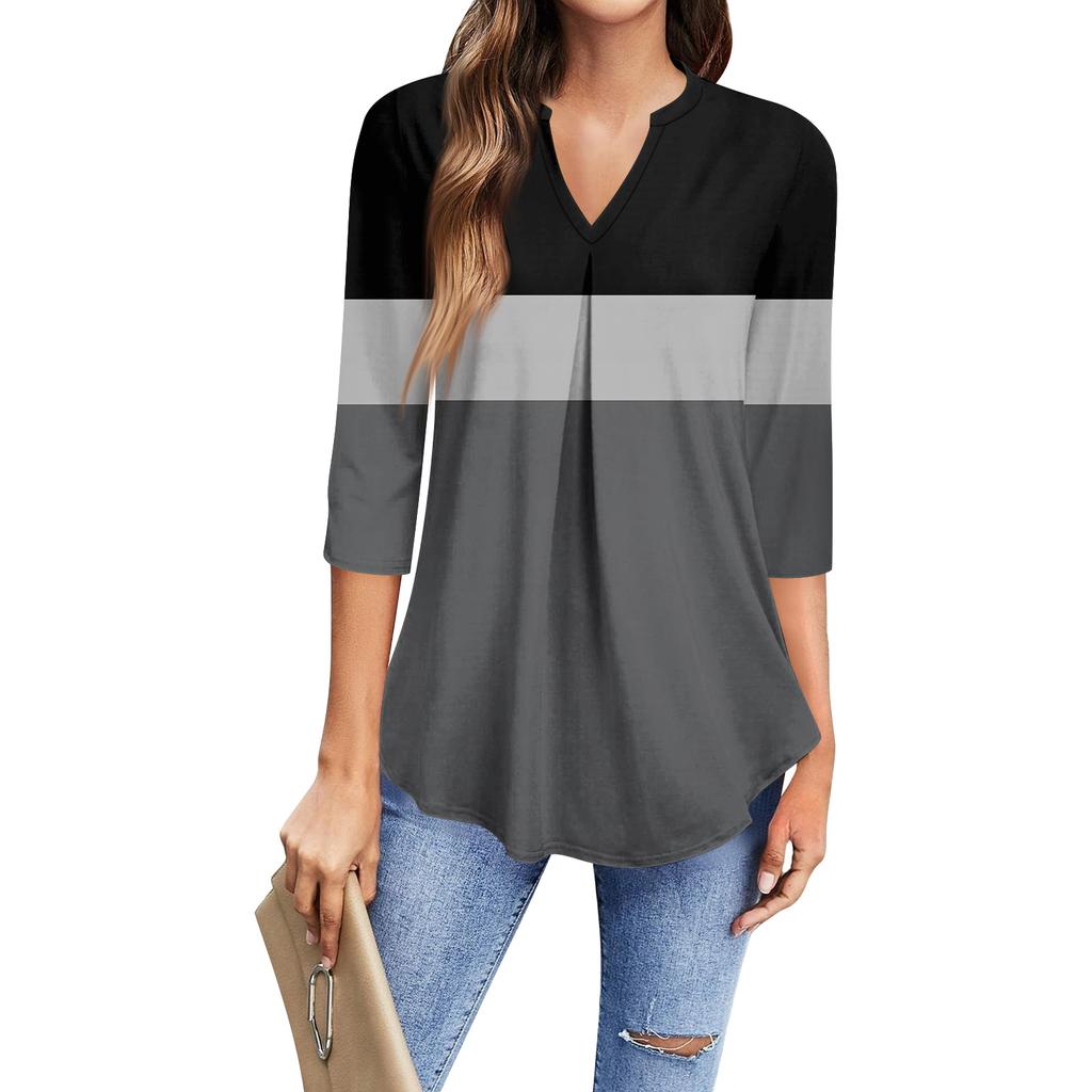 Dámské módní ležérní tričko s tříčtvrtečním rukávem, top s potiskem a výstřihem do V