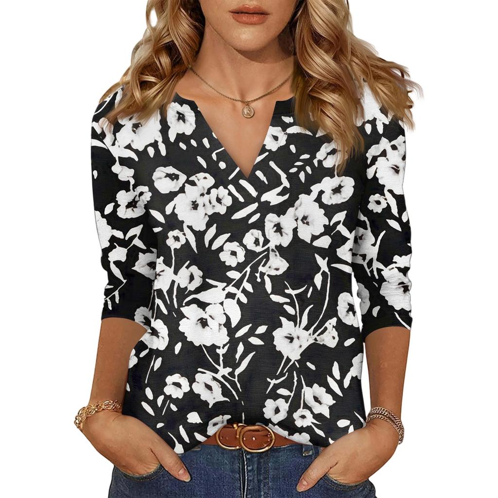 Women's Casual Fashion Sexy Comfortable V-Neck Floral Seven Sleeve Top