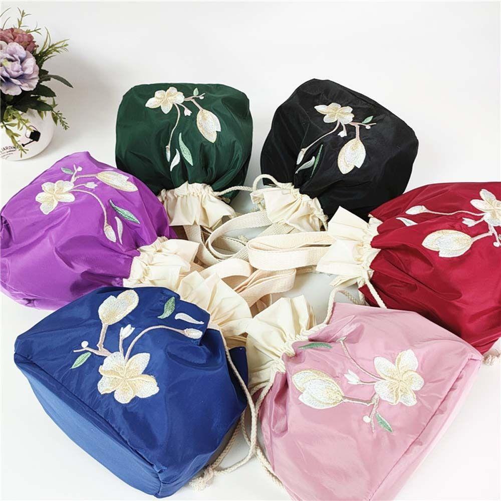 Satin Silk Embroidery Flower Handbag Ruffle Floral Bucket Bag Sweet Hanfu Drawstrings Bag  Shopping