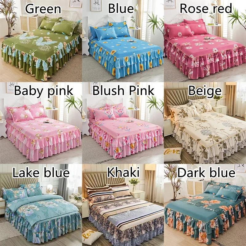 3PCS Ruffle Skirt Bedspread Home Textile Printed Bed Skirt Bedroom Coverlets Bedspreads Sheet Dust Cover Bedding with Pillowcase
