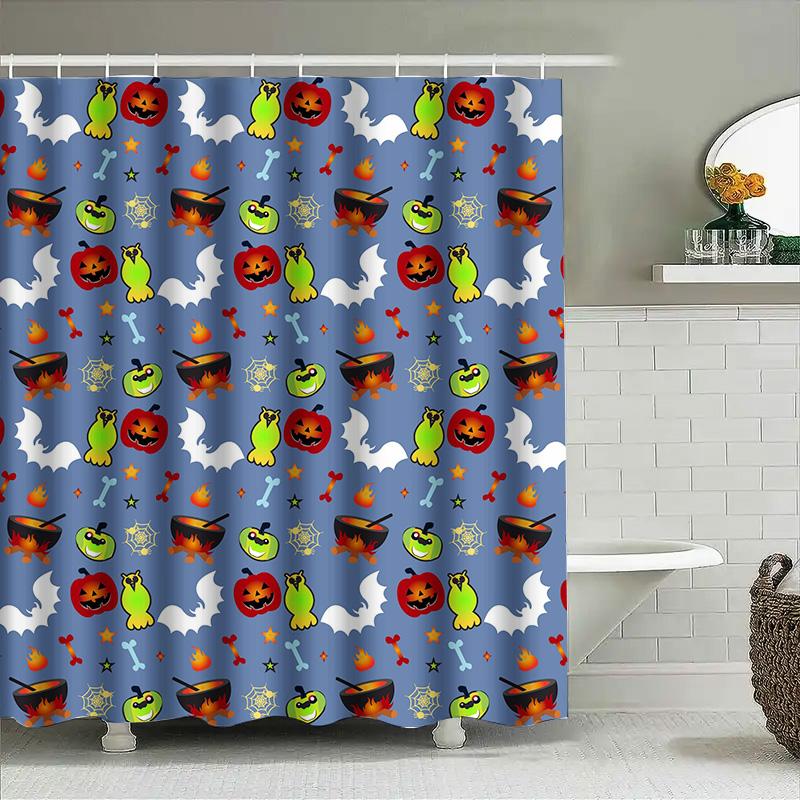 Halloween-themed bat pumpkin ghost witch hat skull print shower curtain waterproof bathroom decor modern style custom-made blue 90x180cm