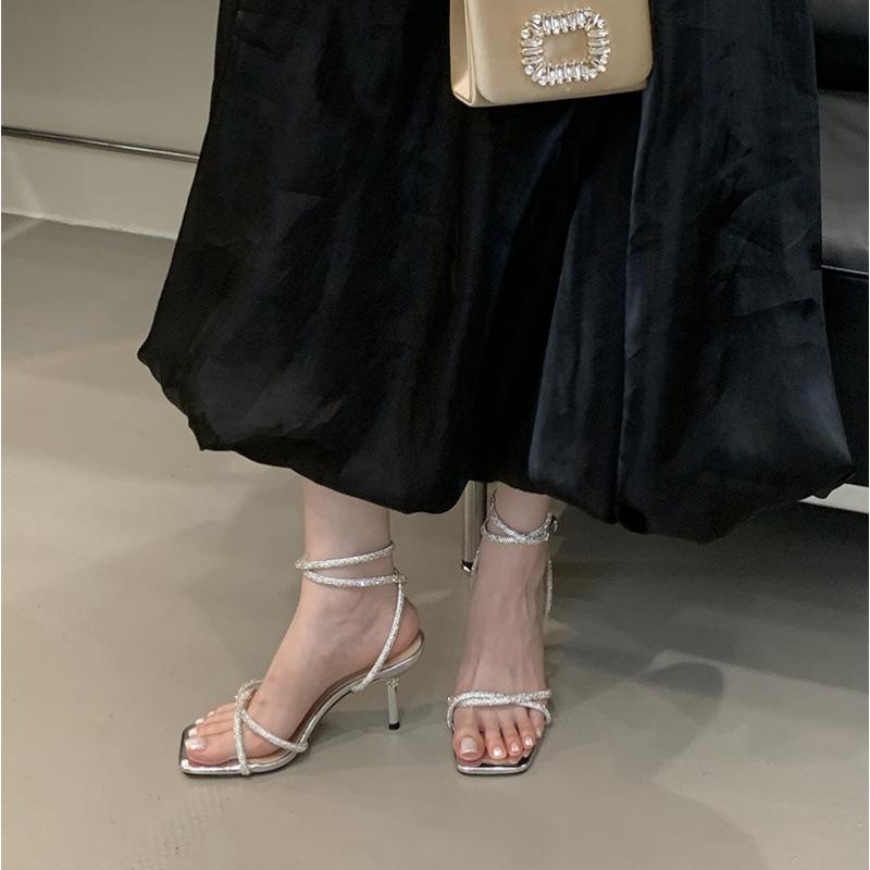 2025 summer fairy wind square head silver rhinestone thin strap stiletto sandals fashion French word strap high heel women