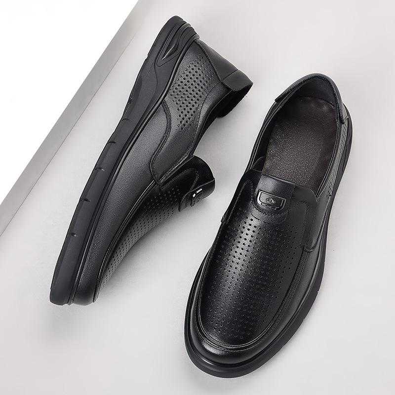 Cool leather shoes men's leather soft sole summer comfortable and breathable dress business men's shoes round head hollow casual hole hole men's shoes