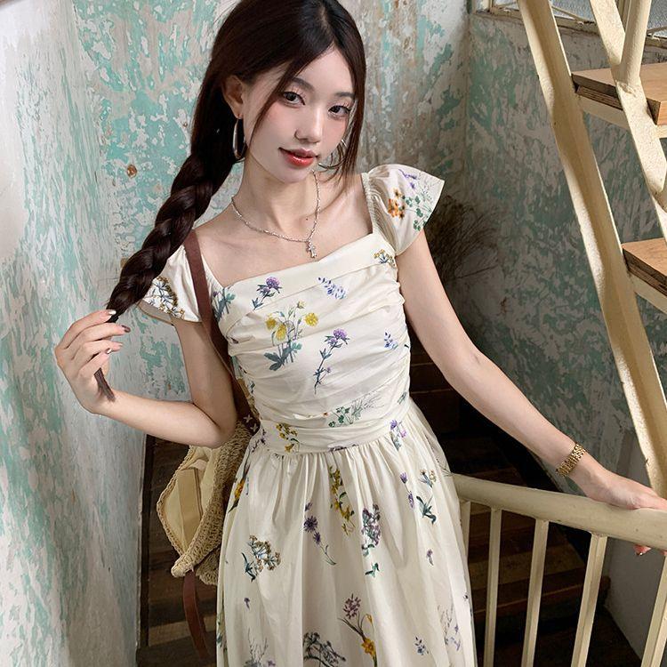French square collar small flying sleeve floral dress children's summer new waist backless temperament a word long dress